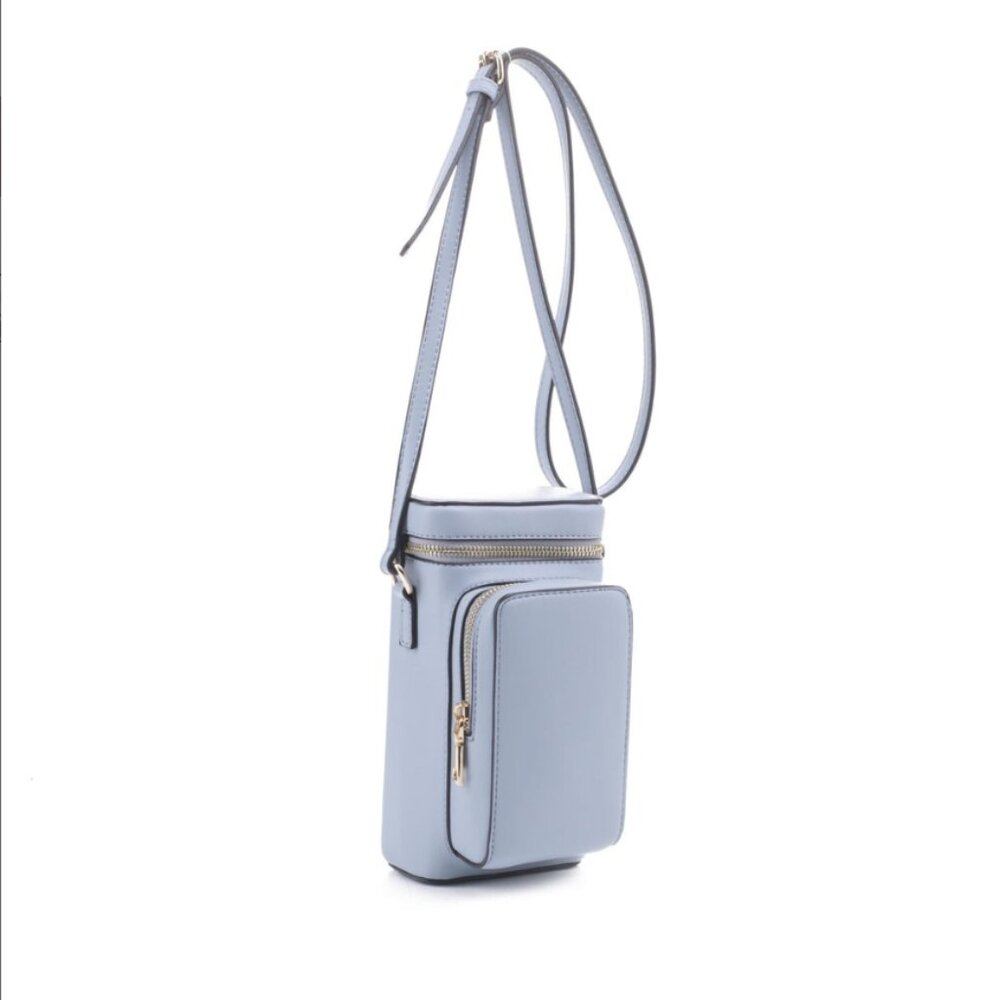 Elegant Vegan Leather Crossbody Cellphone Combo Bag with Golden Accents Blue